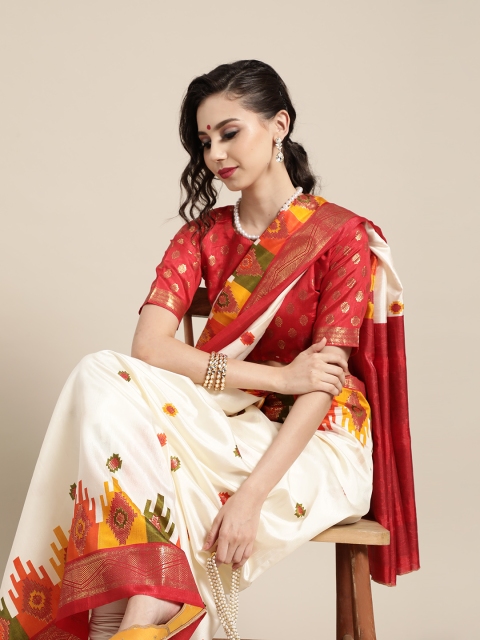 

Saree mall Ethnic Motifs Silk Blend Saree with Woven Design border, Off white
