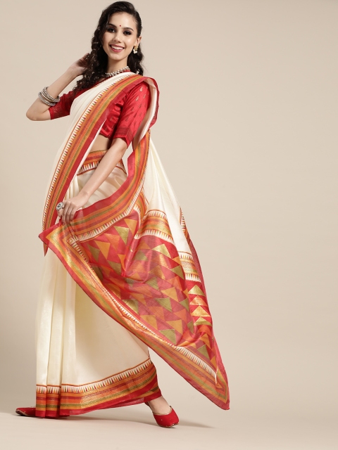 

Saree mall Solid Silk Blend Saree with Woven Design border, Off white