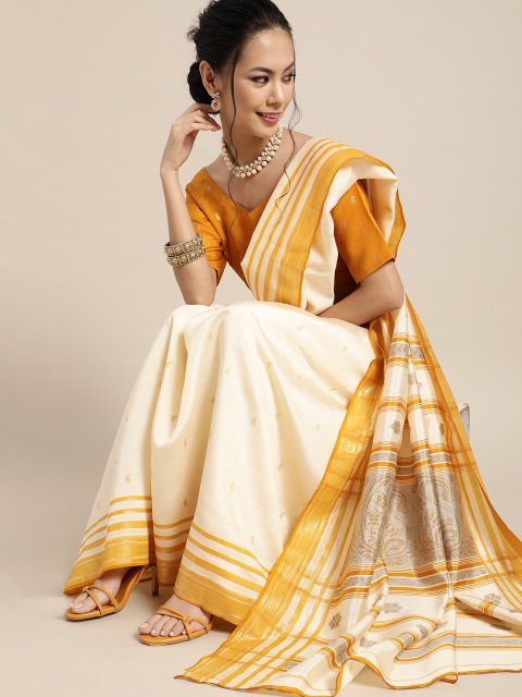 

Saree mall Solid Silk Blend Saree with Striped border, Cream