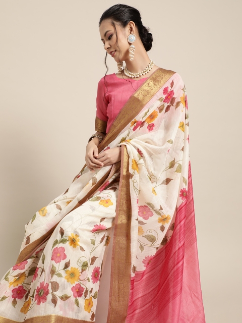 

Saree mall Floral Linen Blend Saree with Woven Design border, Off white