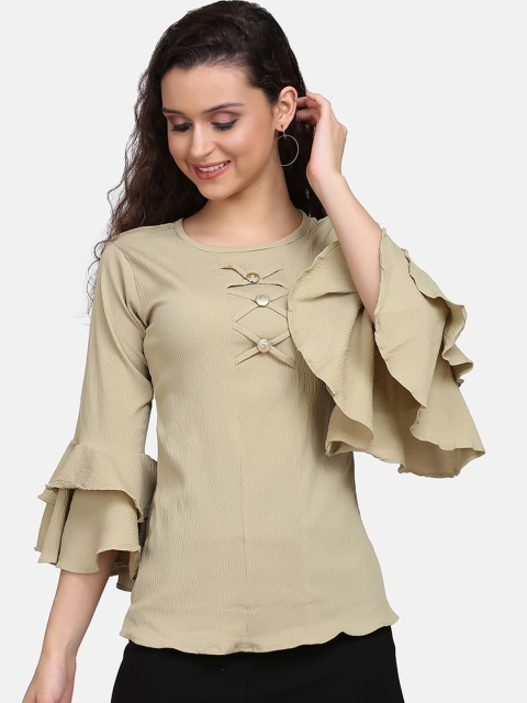 

Clothzy Khaki Bell Sleeves Crepe Regular Top