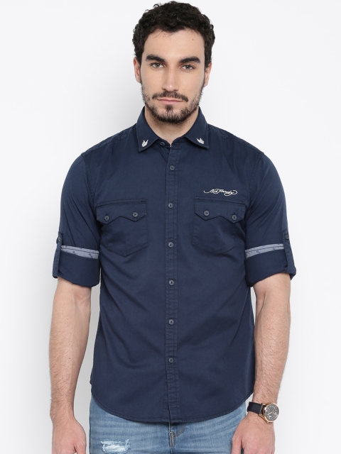 

Ed Hardy Men Navy Blue Solid Casual Shirt