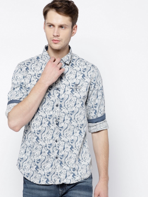 

Ed Hardy Men Blue & White Regular Fit Printed Casual Shirt