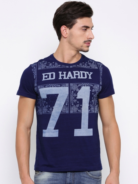 

Ed Hardy Men Blue Printed Round Neck T-shirt