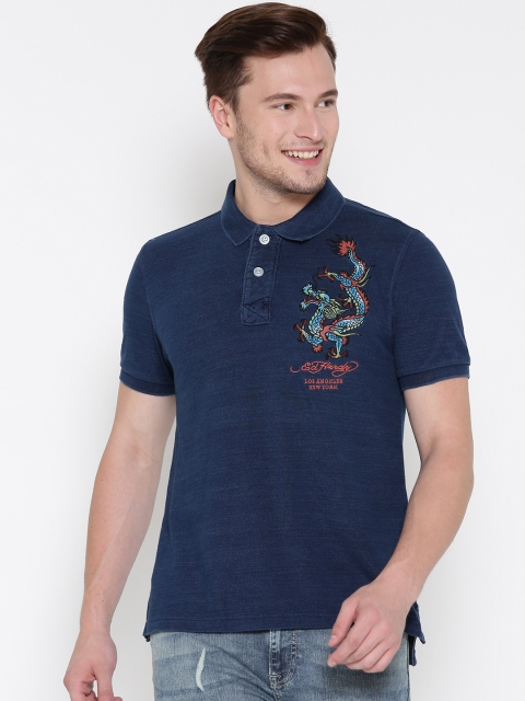 

Ed Hardy Men Navy Solid Polo Collar T-shirt, Navy blue