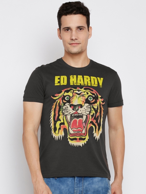 

Ed Hardy Men Charcoal Grey Printed Round Neck T-shirt