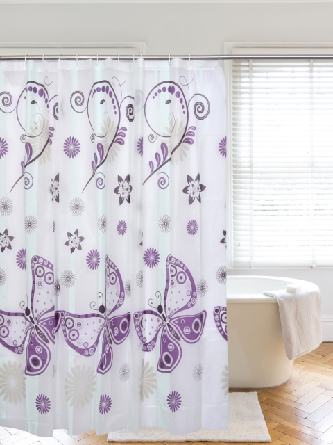

Clasiko White & Purple Butterfly Printed Shower Curtains With Hooks