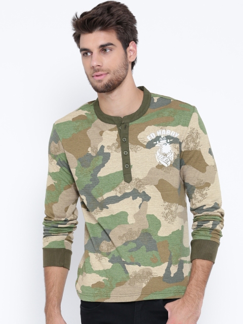 

Ed Hardy Men Beige & Green Camouflage Printed Pure Cotton Mandarin Collar T-shirt