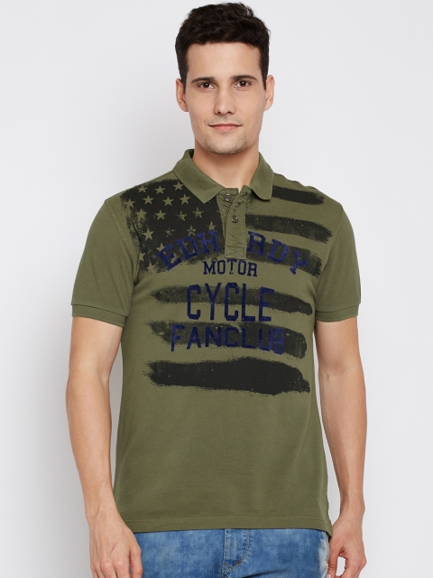 

Ed Hardy Men Olive Green Printed Polo Collar T-shirt