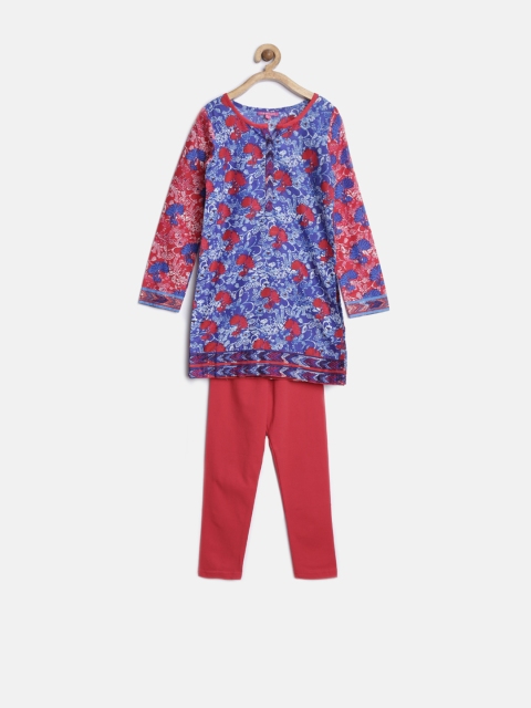 

Biba Girls Blue & Red Floral Print Churidar Kurta