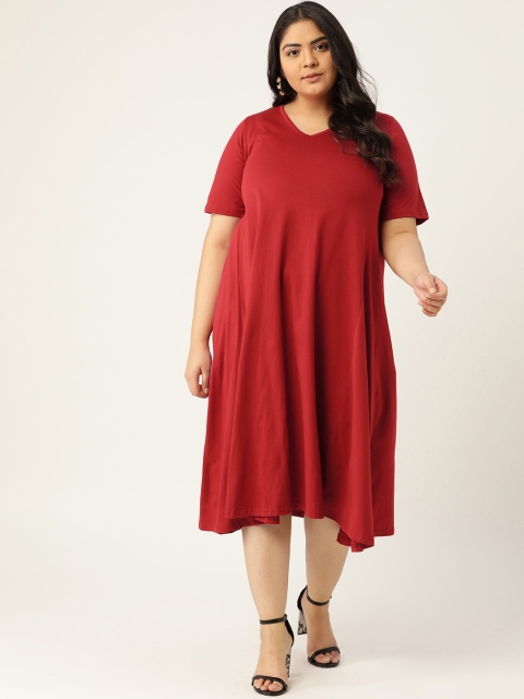 

Revolution Women Plus Size Maroon Solid Pure Cotton A-Line Midi Dress