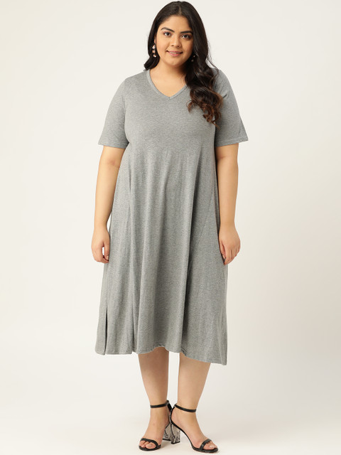 

Revolution Plus Size Grey Melange Cotton Solid A-Line Midi Dress
