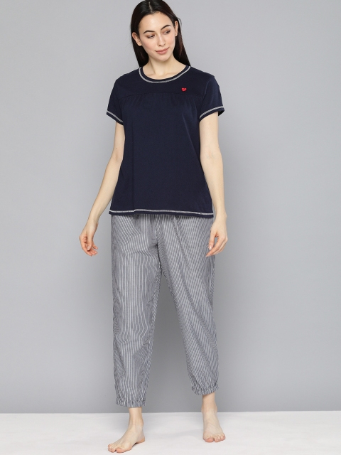 

Chemistry Women Navy Blue & White Solid Night suit