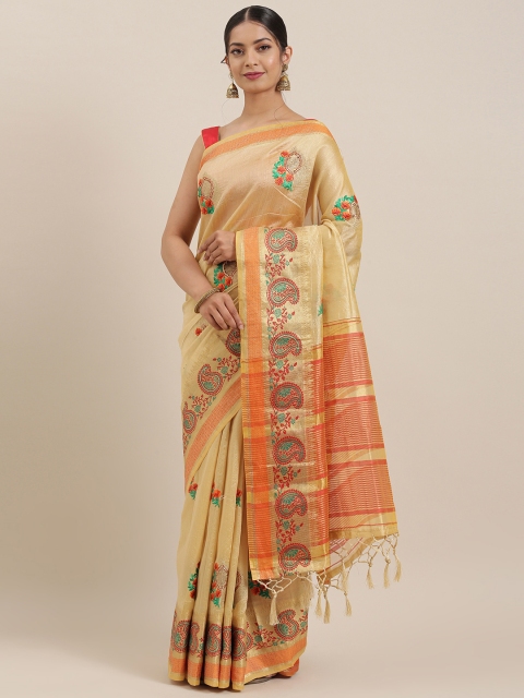 

Soch Beige & Orange Silk Embroidered Tussar Saree