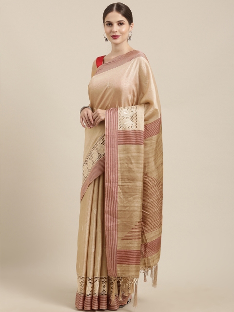 

Soch Beige & Pink Silk Blend Solid Tussar Saree