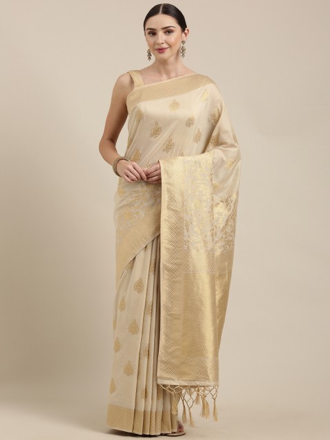 

Soch Off-White & Gold-Toned Liva Woven Design Tussar Saree