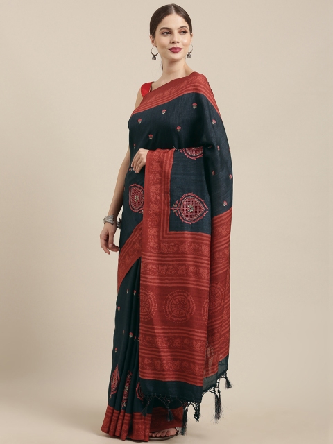 

Soch Navy Blue & Pink Floral Tussar Saree