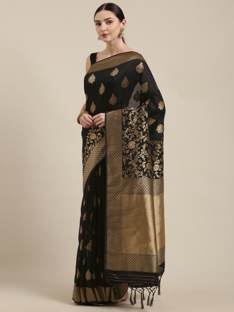 

Soch Black & Gold-Toned Liva Woven Design Tussar Saree