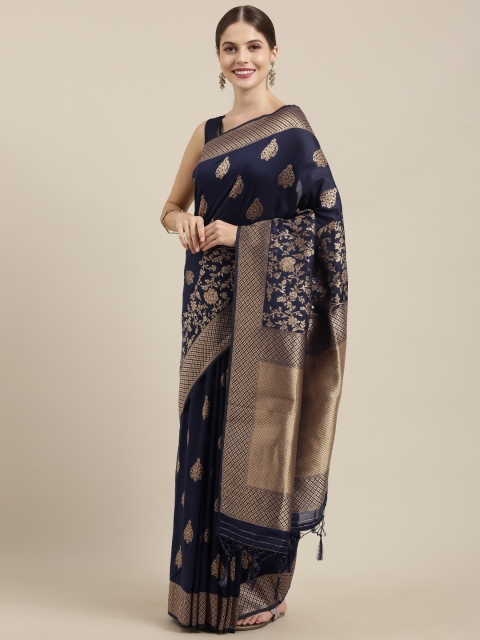 

Soch Navy Blue & Gold-Toned Liva Woven Design Tussar Saree