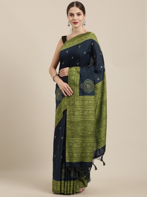 

Soch Navy Blue & Green Silk Blend Embroidered Tussar Saree