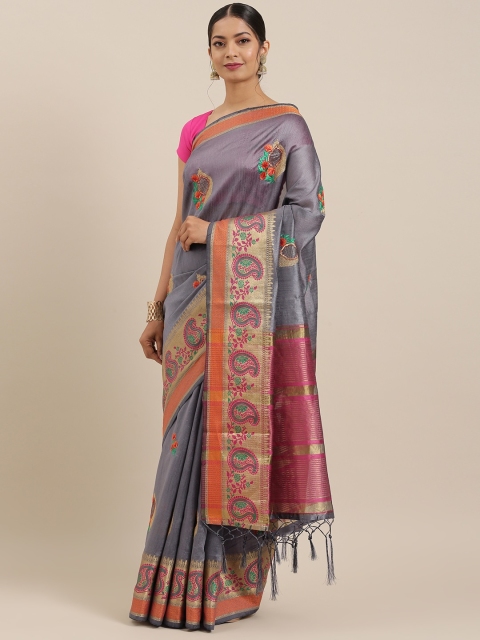 

Soch Grey & Orange Art Silk Solid Tussar Saree