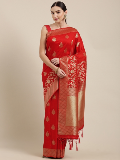 

Soch Red & Gold-Toned Liva Woven Design Tussar Saree