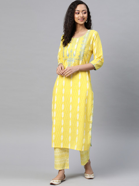

SILVER STOCK Women Yellow & White Pure Cotton Stripes Kurta with Trousers