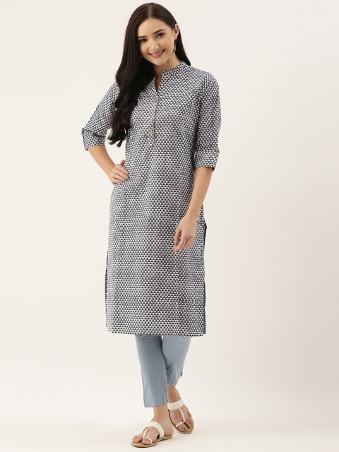 

AMUKTI Women Blue & Off White Geometric Printed Kurta
