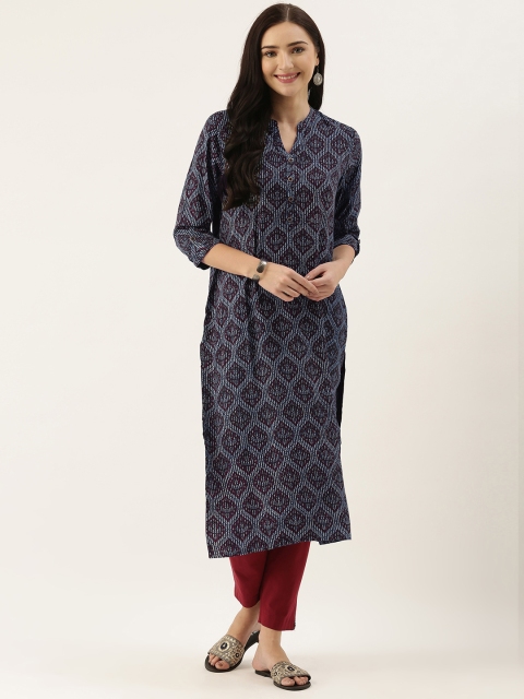 

AMUKTI Women Navy Blue & Black Ethnic Motifs Printed Kurta