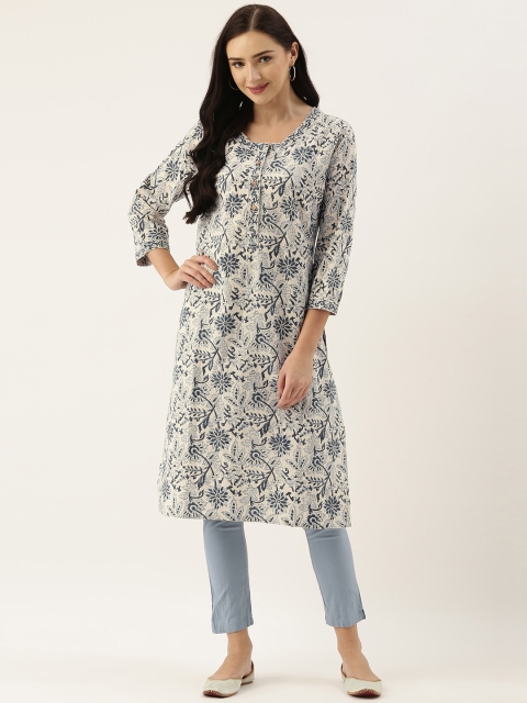 

AMUKTI Women Beige & Blue Floral Printed Floral Kurta