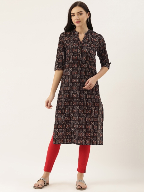 

AMUKTI Women Black & Cream-Coloured Geometric Printed Kurta