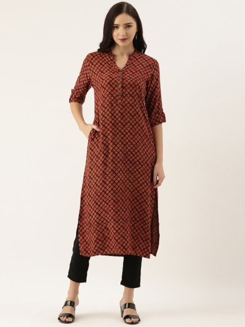 

AMUKTI Women Maroon & Orange Ethnic Motifs Printed Kurta