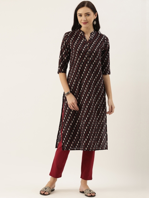 

AMUKTI Women Black & Maroon Geometric Printed Kurta