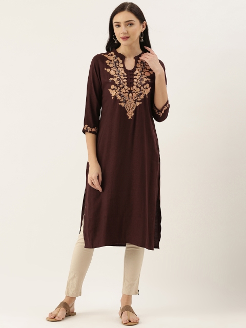 

AMUKTI Women Maroon & Coral Floral Embroidered Floral Kurta