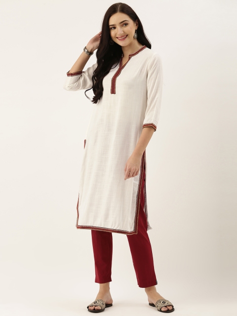 

AMUKTI Women Off White & Red Embroidered Kurta