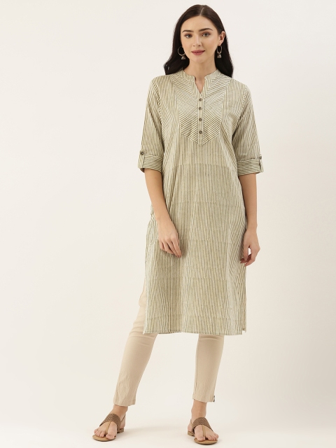 

AMUKTI Women Green & Beige Striped Kurta