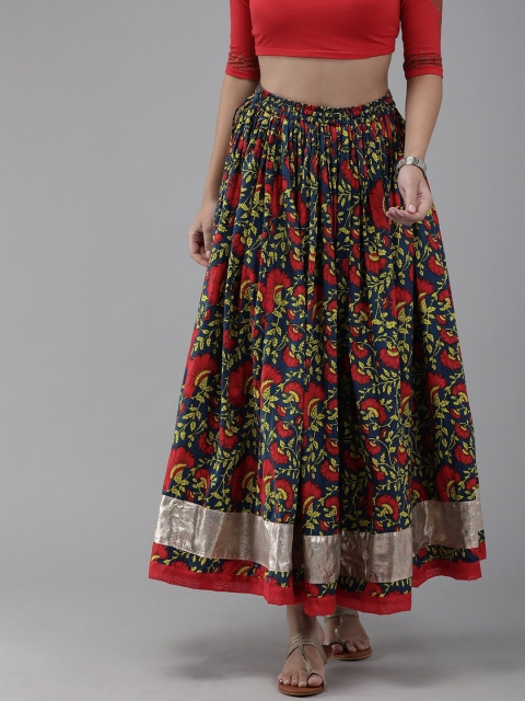 

Geroo Jaipur Hand Block Printed Blue Pure Cotton Sustainable Skirt, Navy blue