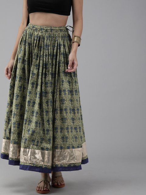 

Geroo Jaipur Hand Block Printed Olive Green Pure Cotton Sustainable Skirt