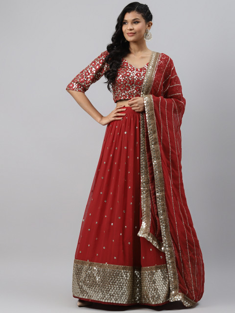 

Readiprint Fashions Red & Gold-Toned Embellished Semi-Stitched Lehenga & Unstitched Blouse with Dupatta