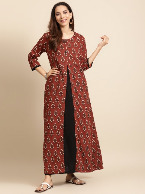 

DIVA WALK Women Rust Red & Black Ethnic Motifs Print Cotton Layered Handloom Kurta