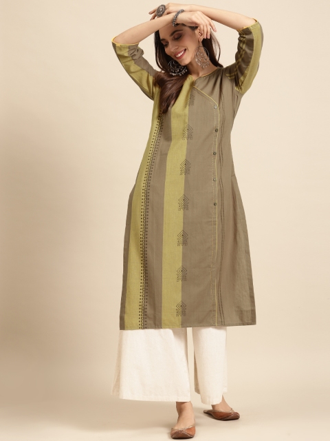 

DIVA WALK Women ol & Yellow Colourblocked Cotton Thread Work Handloom Angrakha Kurta, Olive