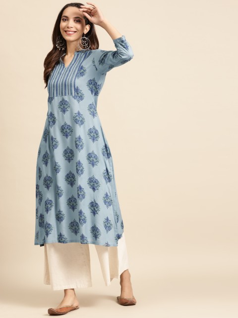 

DIVA WALK Women Blue & Yellow Ethnic Motifs Print Cotton Pleated Handloom Kurta