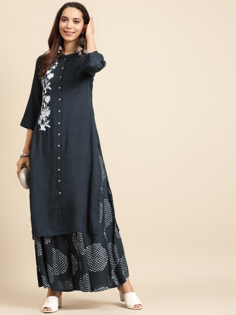 

DIVA WALK Women Charcoal Grey & White Handloom Embroidered Kurta with Palazzos