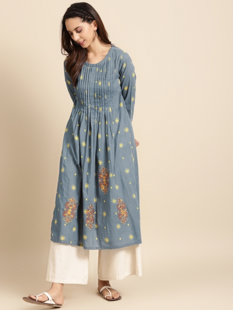 

DIVA WALK Women Grey & Yellow Ethnic Motifs Printed Cotton Pleated Handloom Kurta