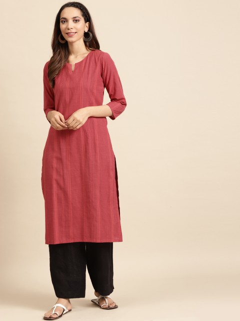 

DIVA WALK Women Coral Red Striped Cotton Handloom Kurta