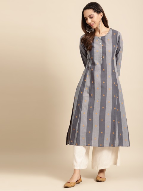 

DIVA WALK Women Grey & Yellow Printed Striped Cotton Thread Work Handloom Kurta