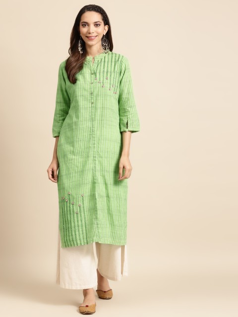 

DIVA WALK Women Green & Off White Striped Cotton Thread Work Handloom Kurta