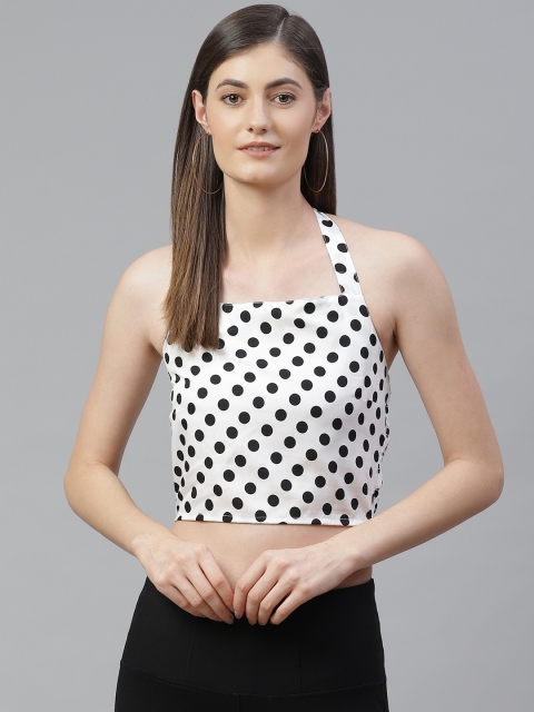 

SIRIKIT White & Black Polka Dots Printed Halter Neck Crop Top
