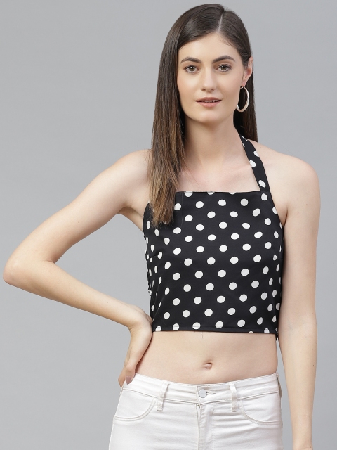 

SIRIKIT Black & White Polka Dots Printed Halter Neck Crop Top