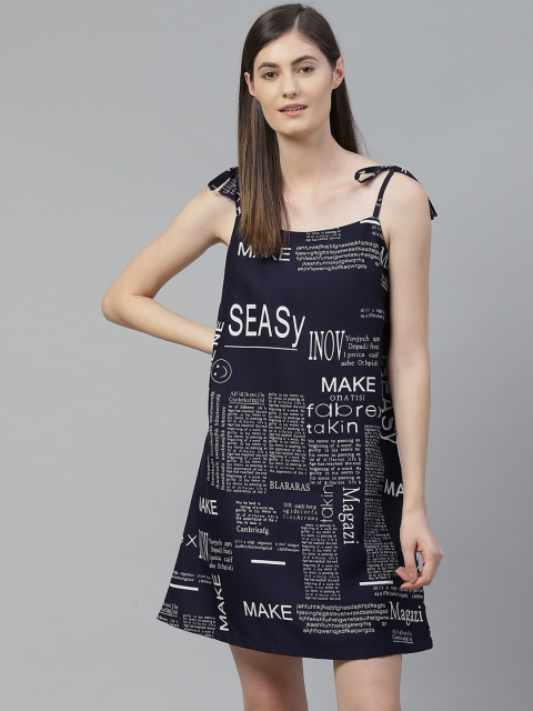 

SIRIKIT Navy Blue & Off-White Printed Nightdress